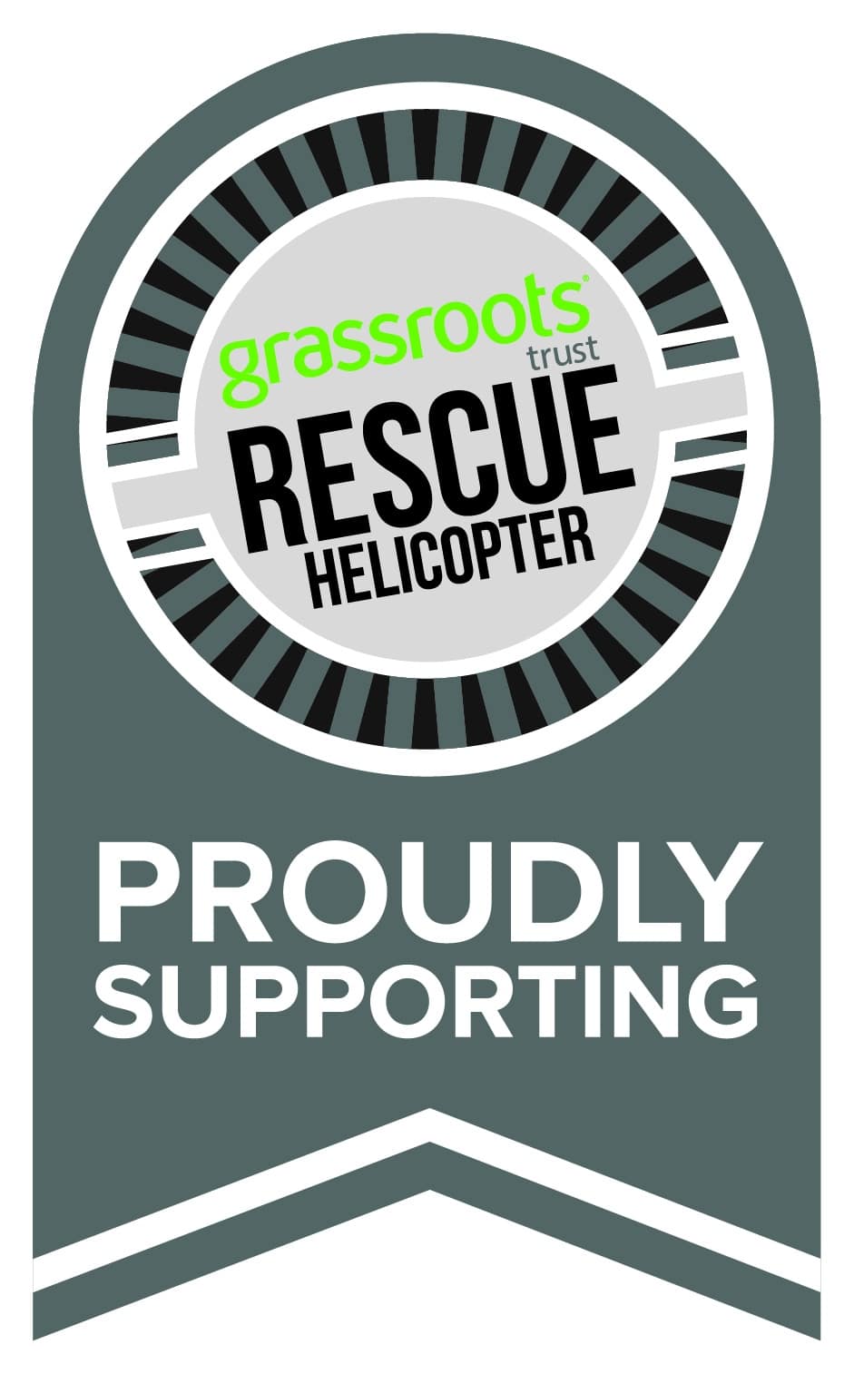 Rescue Helicopter badge with Grassroots Trust logo and 'Proudly Supporting' text on a teal ribbon banner