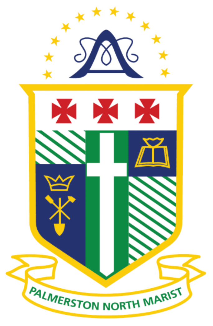 Palmerston North Marist school crest: shield with cross, book, crown symbols, and a ribbon reading Palmerston North Marist.