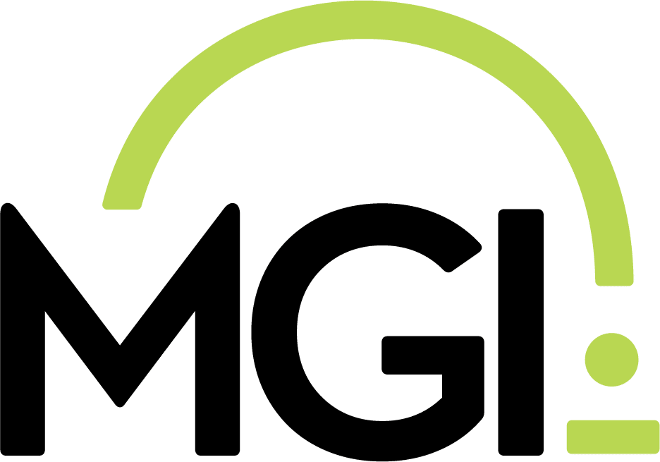 MGI logo: bold black letters MGI with a lime curved arc overhead and a lime circular dot and rectangular bar on the right, forming a brand mark