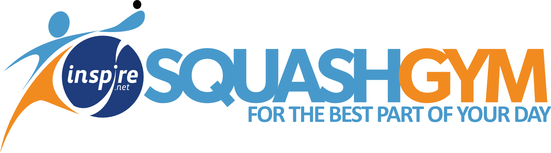 Logo for Inspire Squash Gym with orange and blue abstract figures around a blue circle labeled 'inspire.net', followed by 'SQUASH-GYM' and the slogan 'FOR THE BEST PART OF YOUR DAY'.